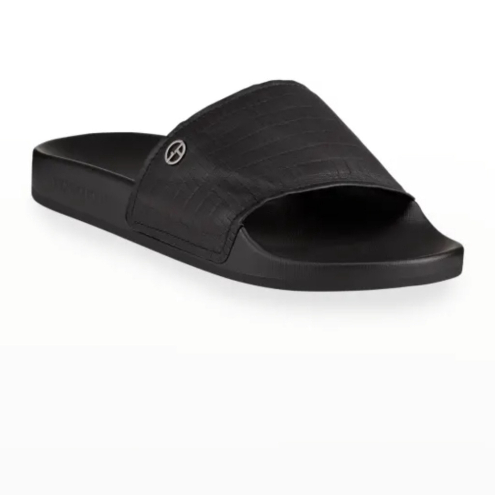 GIORGIO ARMANI MEN'S BLACK LOGO TEXTURED LEATHER POOL SLIDES us size 7